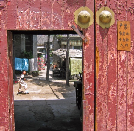 A hutong beyond an ornate door