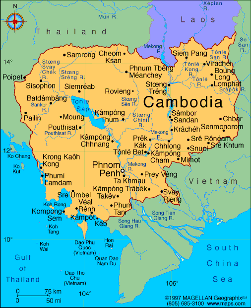 Map of Cambodia with surrounding highlights