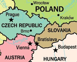 Colored map showing the Poland, Czech Republic, Slovakia, Hungary and Austria