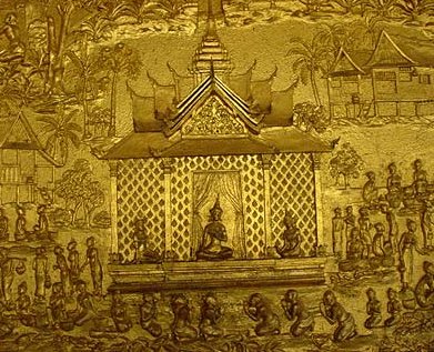 Wall sculpture of a Temple made of stucco and painted at Wat Mai